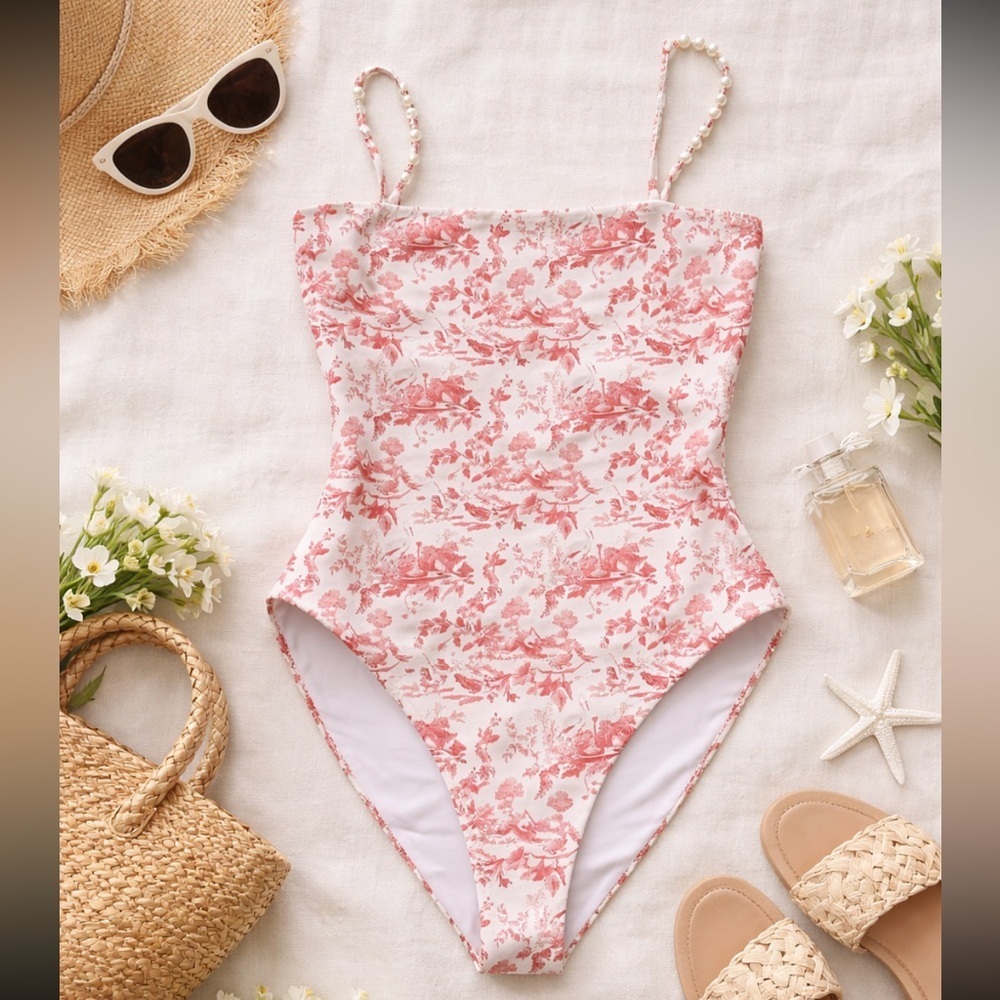 Cousin the label Pink Toile Floral One-Piece Swimsuit Size Small 38092